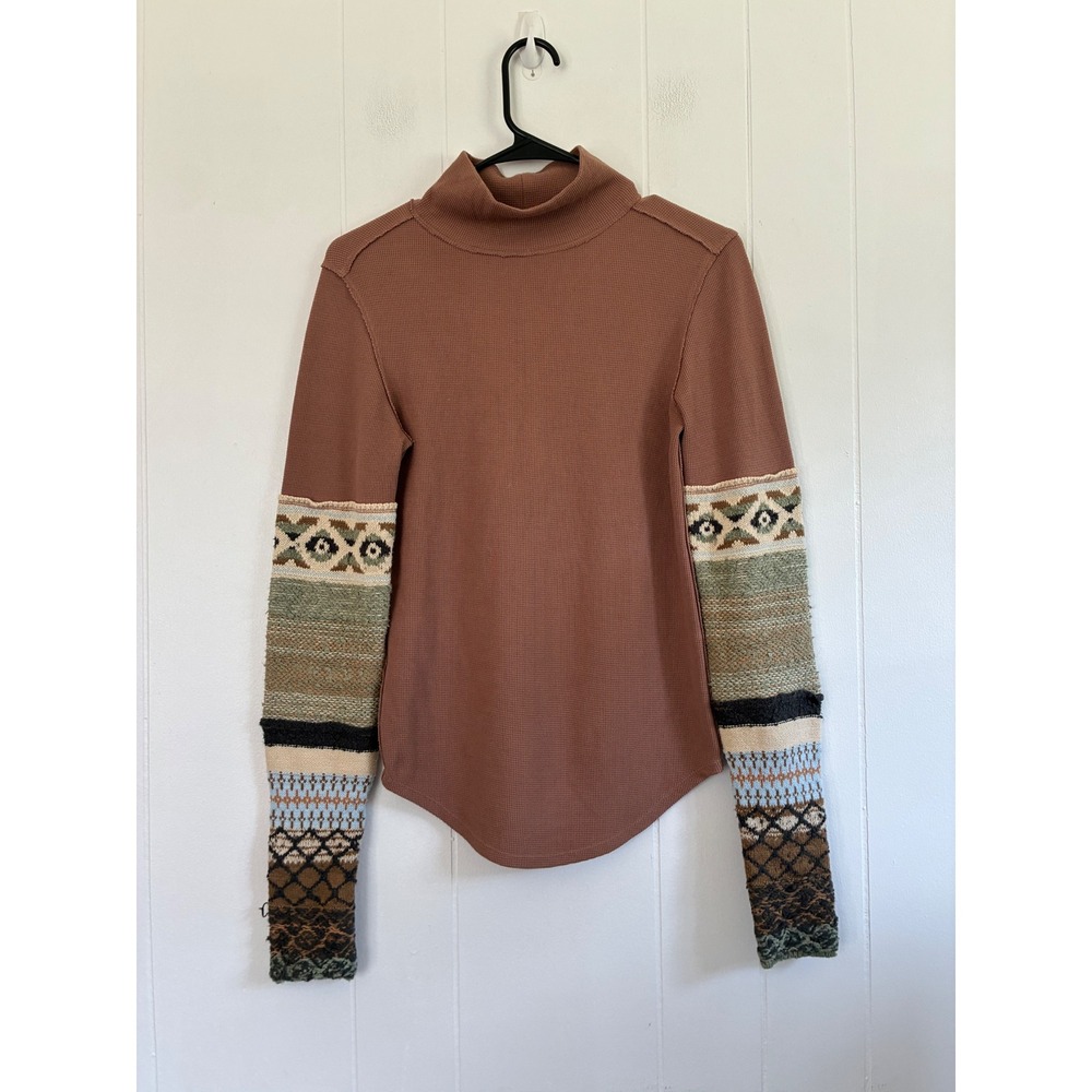 We The Free Free People Waffle Knit Mock Neck Thermal Mixed Media Top S Brown
